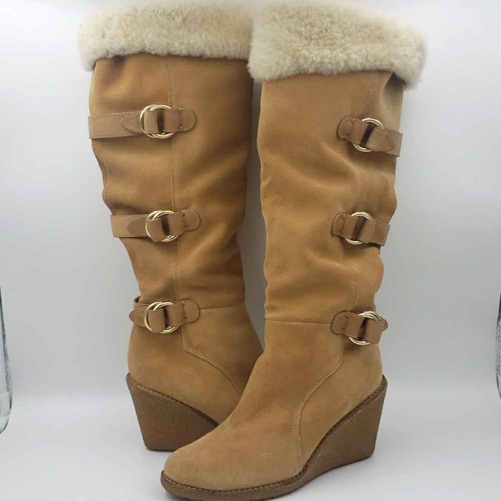 COLE HAAN NIKE AIR HONEY TAN SEUDE WEDGE BOOTS